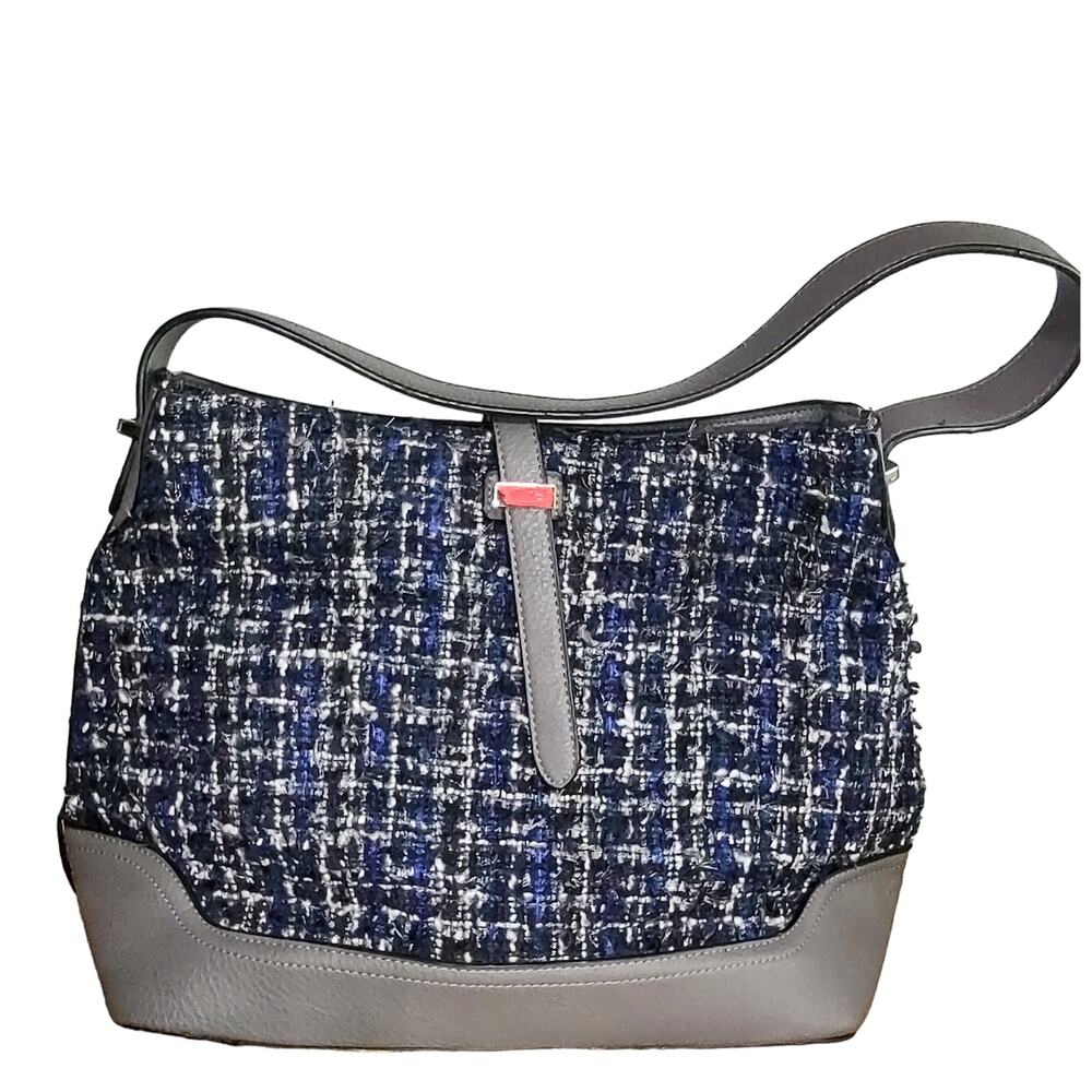 CoCo & Carmen Gray Faux Leather w/ Black, Navy, & White Tweed Tote Bag